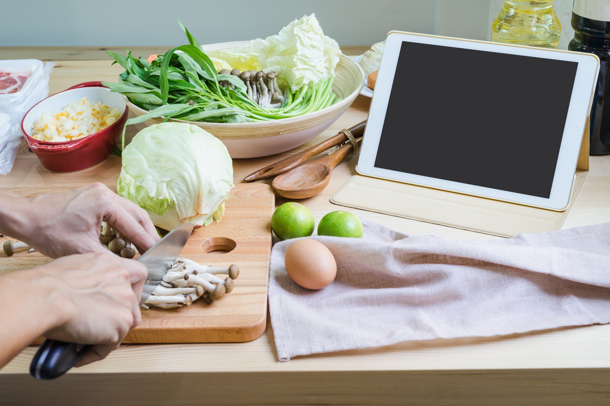 Small home kitchen with ingredients prepared